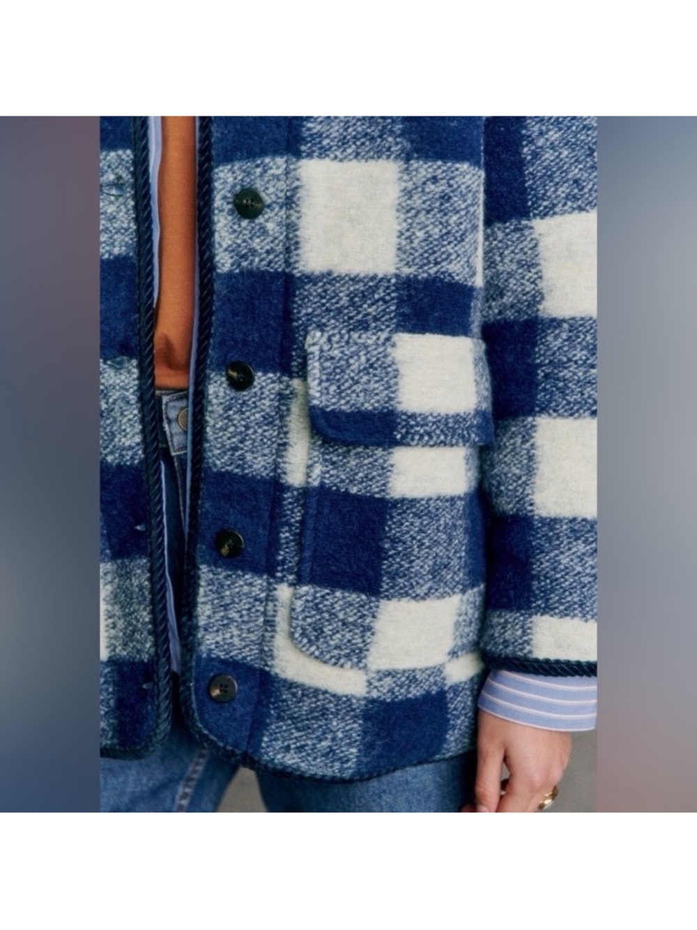 Sezane Farel Reversible Wool Jacket Blue Ecru Check US 12 NWT - Picture 10 of 11